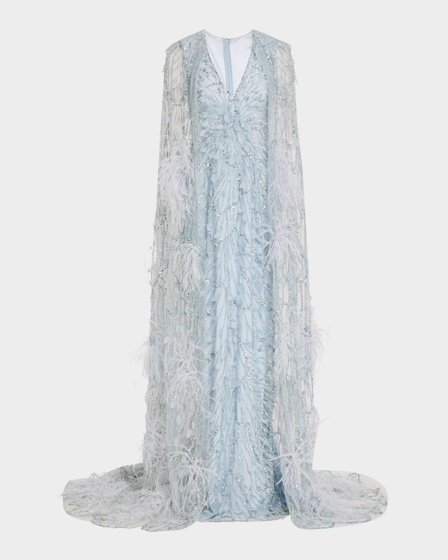 Crystal Feather Embroidered Tulle Caped Gown